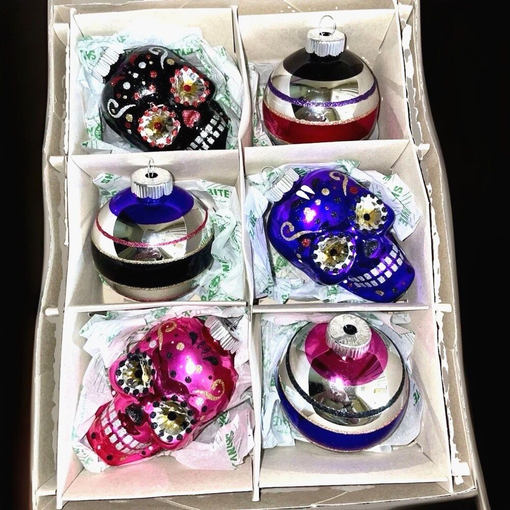 Shiny Brite Halloweeen 6 Glitter Sugar Skulls Day Of The Dead Christopher Radko